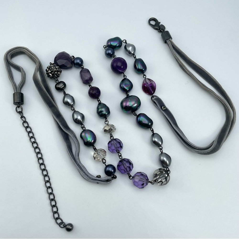 Statement Chico’s Statement Necklace Gray Velvet Ribbon Purple Beads Faux Pearls